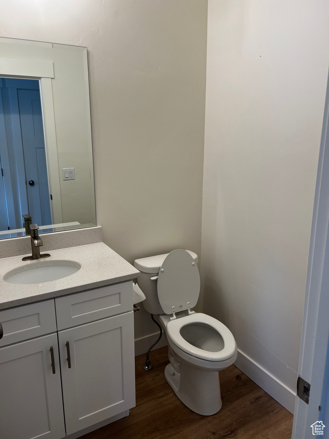 Bathroom featuring vanity, hardwood / wood-style flooring, and toilet