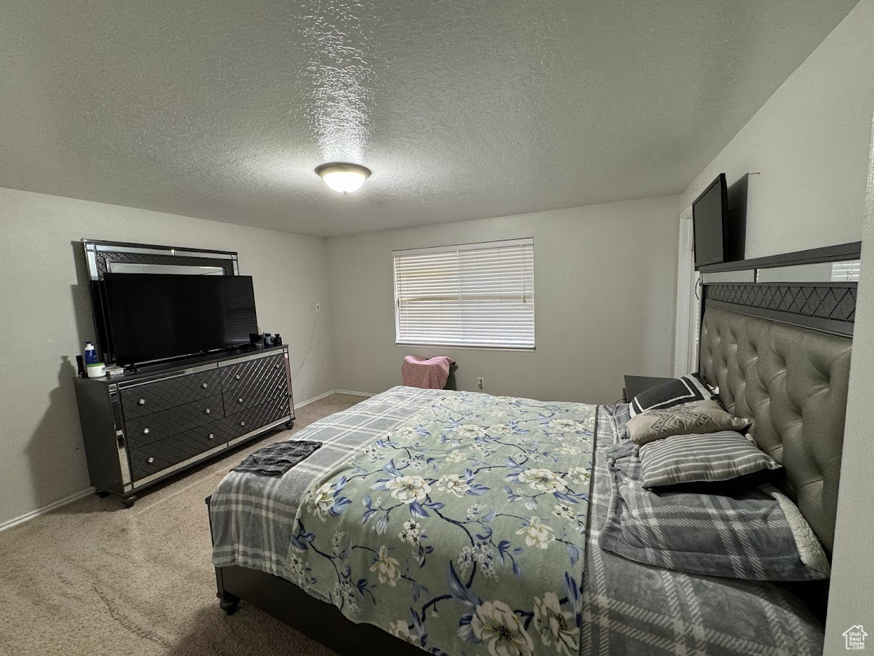 Bedroom with a textured ceiling, baseboards, and carpet