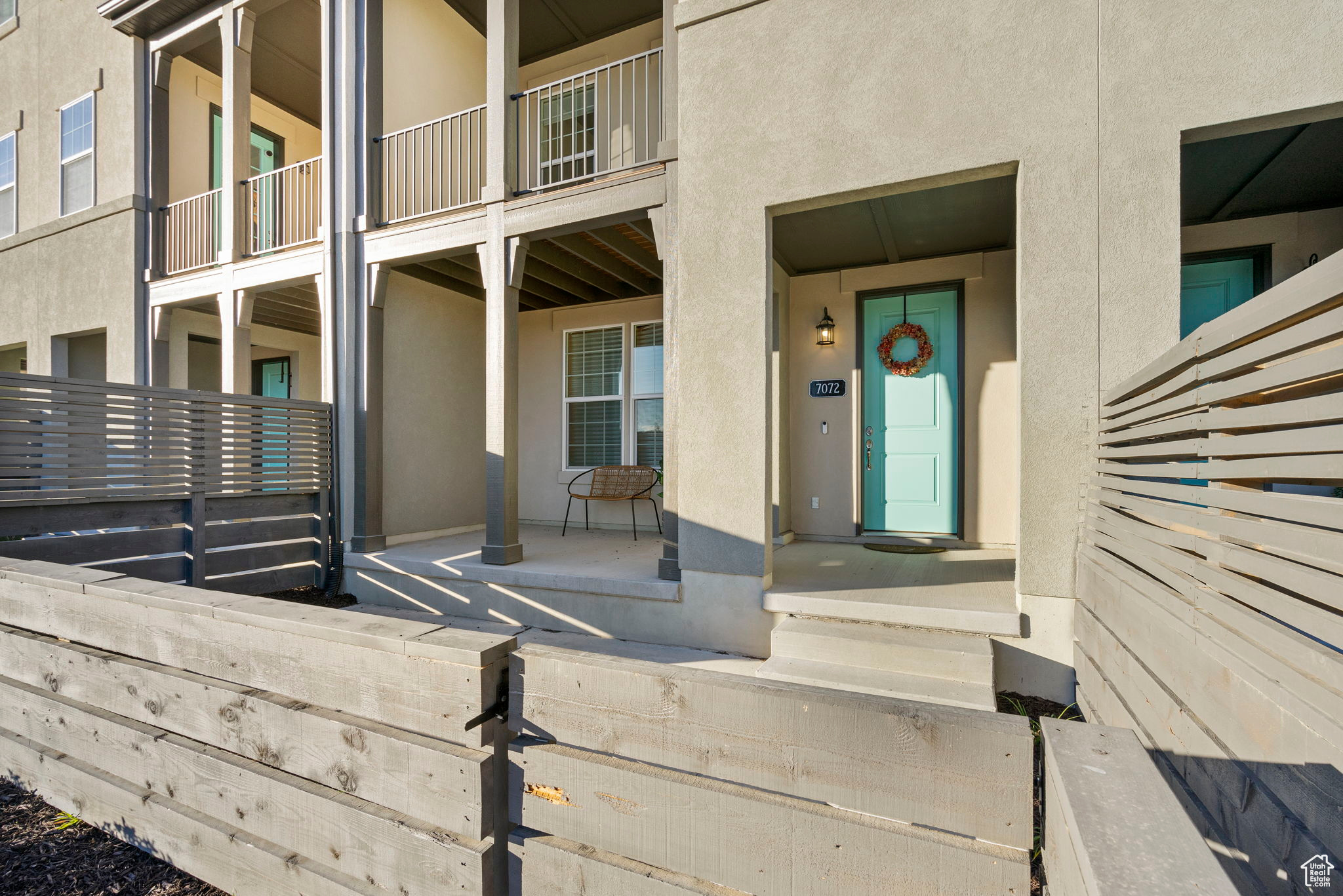 Front door, front porch & gated patio