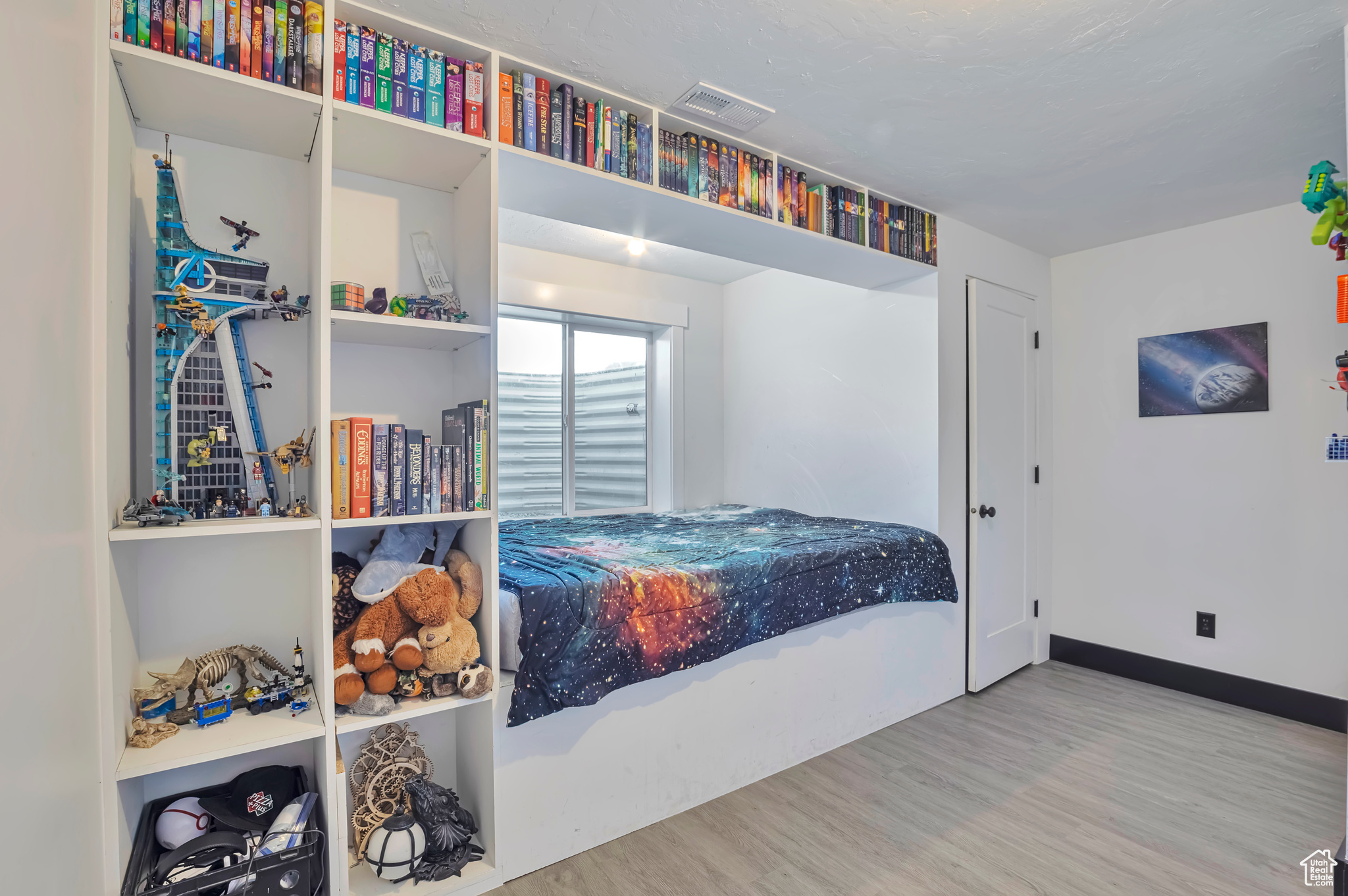 Basement bedroom with walk-in closet.