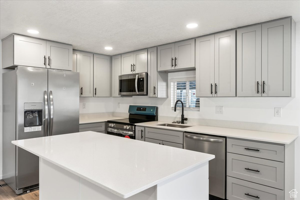 Kitchen featuring sink, gray cabinets, a kitchen island, light wood-type flooring, and appliances with stainless steel finishes