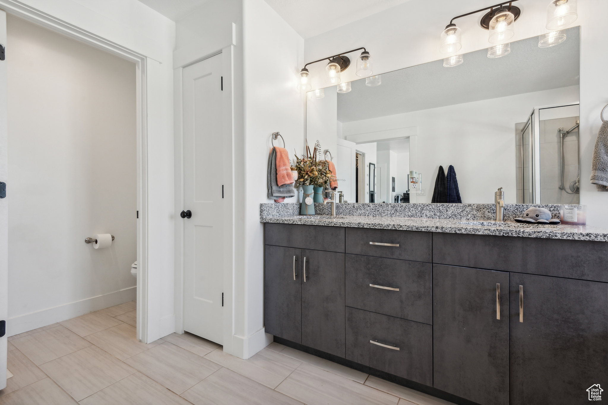 Bathroom with walk in shower, vanity, and toilet