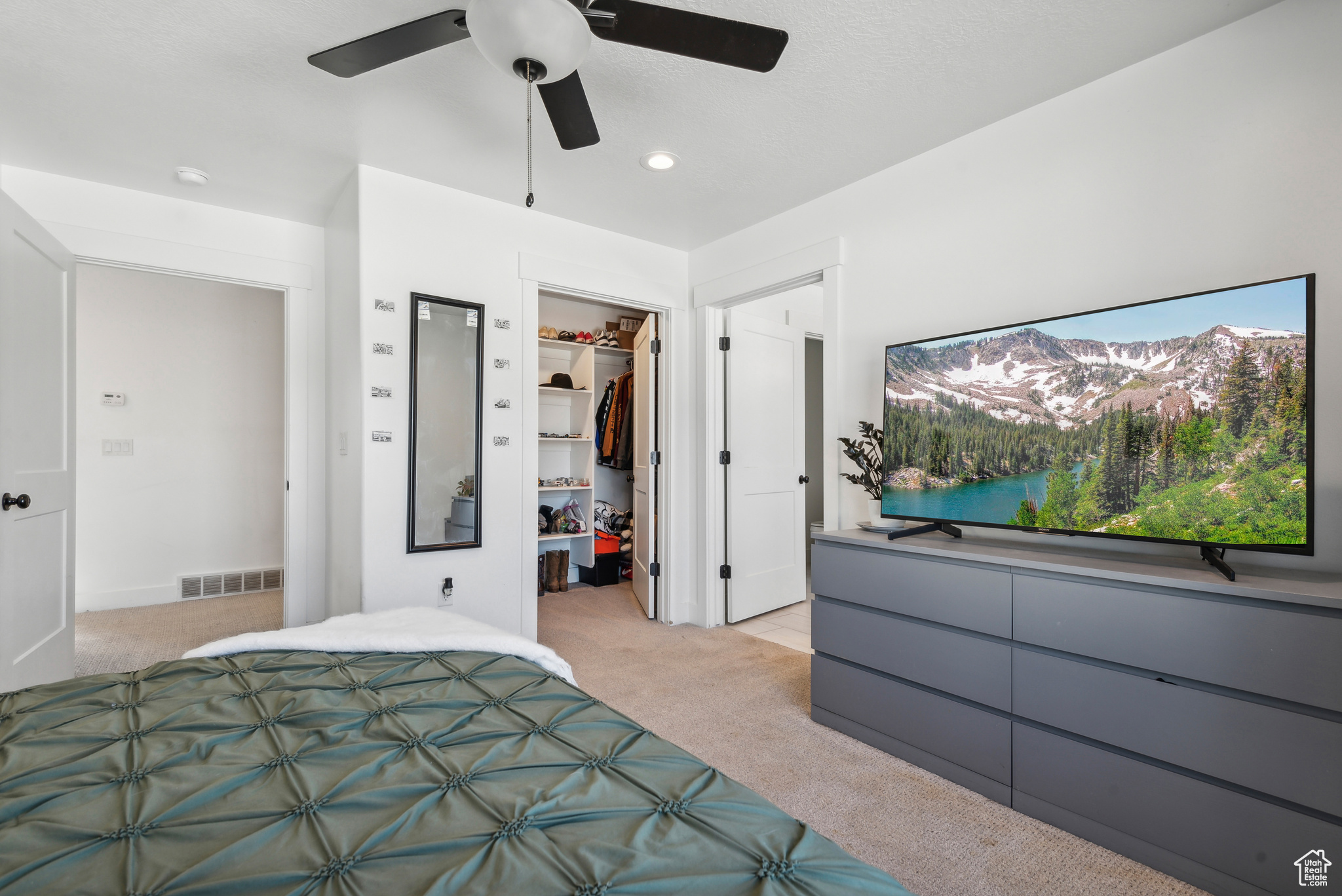 Bedroom with light colored carpet, ceiling fan, a walk in closet, and a closet