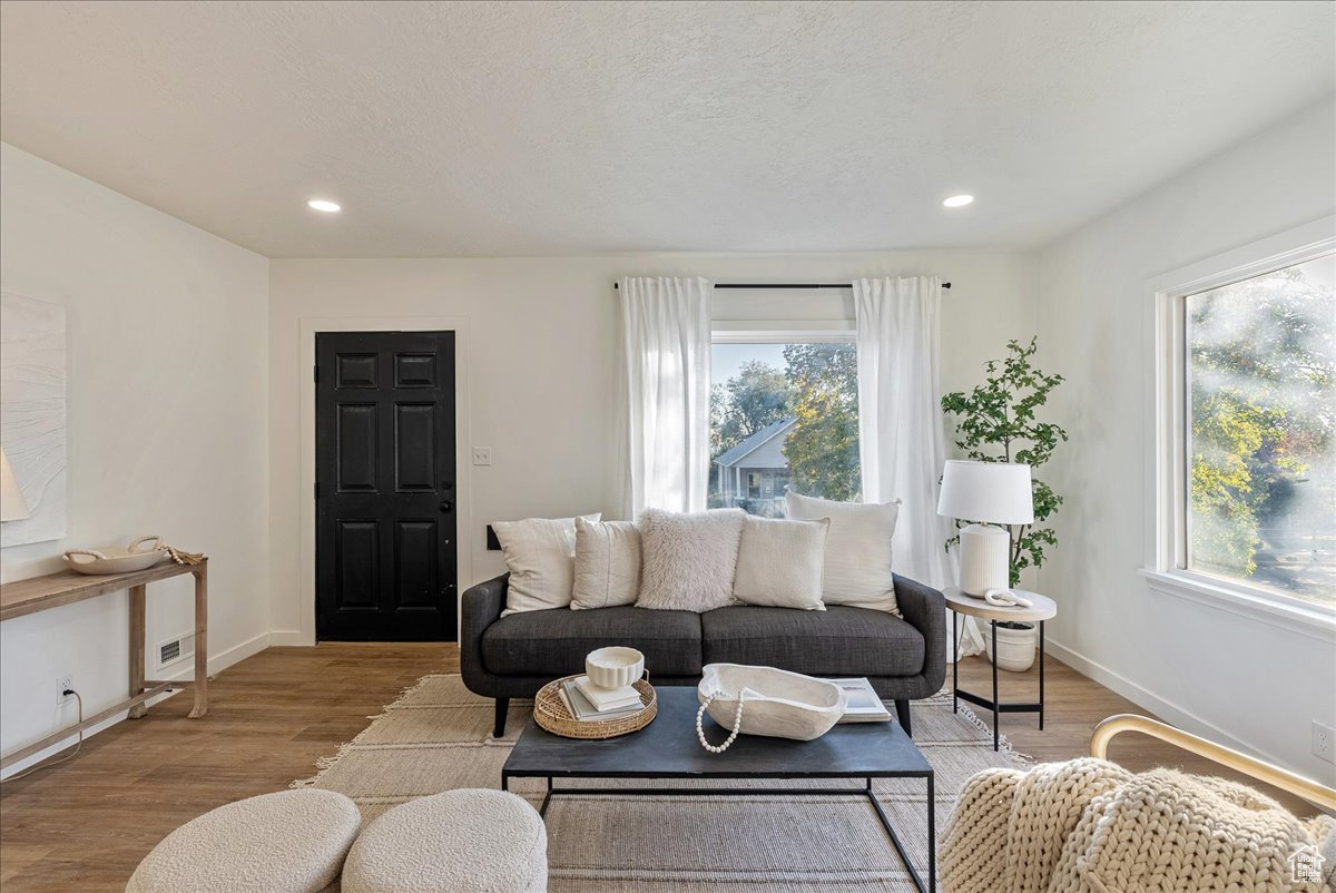 Living room with a textured ceiling, light hardwood / wood-style floors, and a healthy amount of sunlight