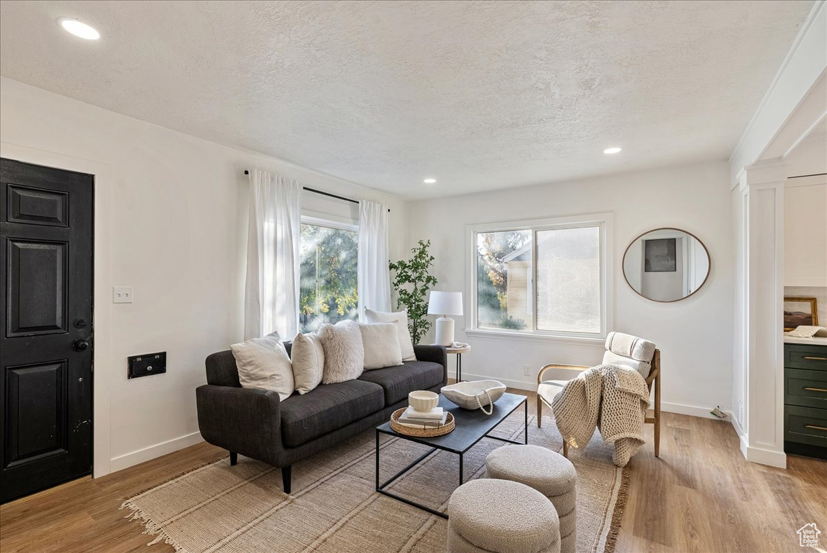 Living room featuring a textured ceiling and light hardwood / wood-style flooring