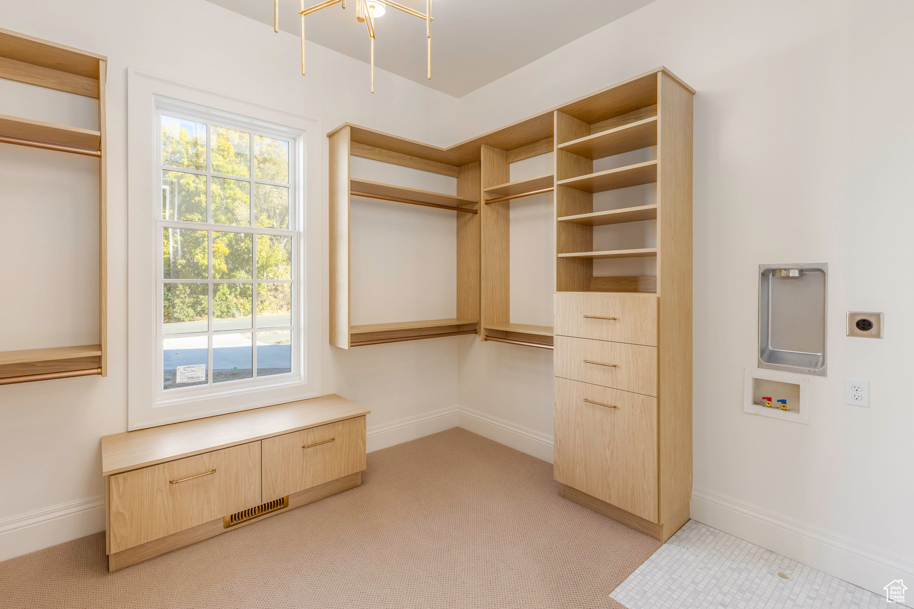 Spacious closet featuring light colored carpet