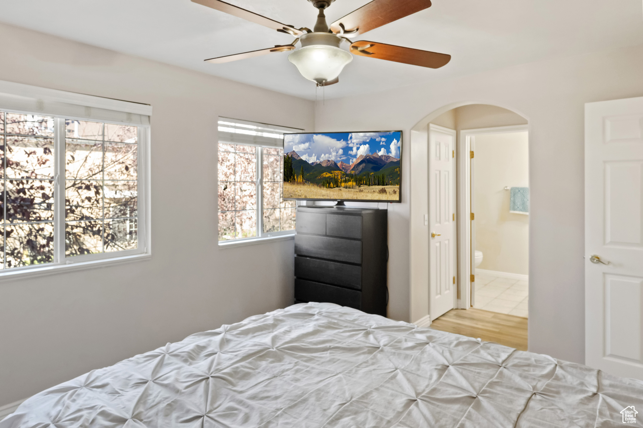 Bedroom with ensuite bath, wood-type flooring, multiple windows, and ceiling fan