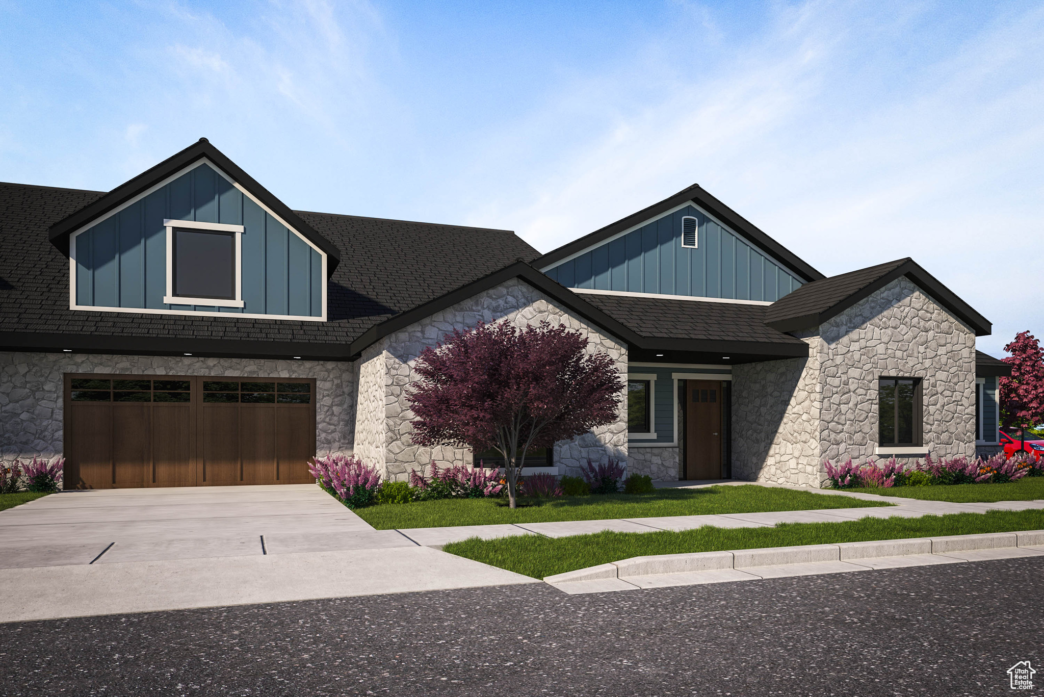 Craftsman-style house featuring a garage and a front yard