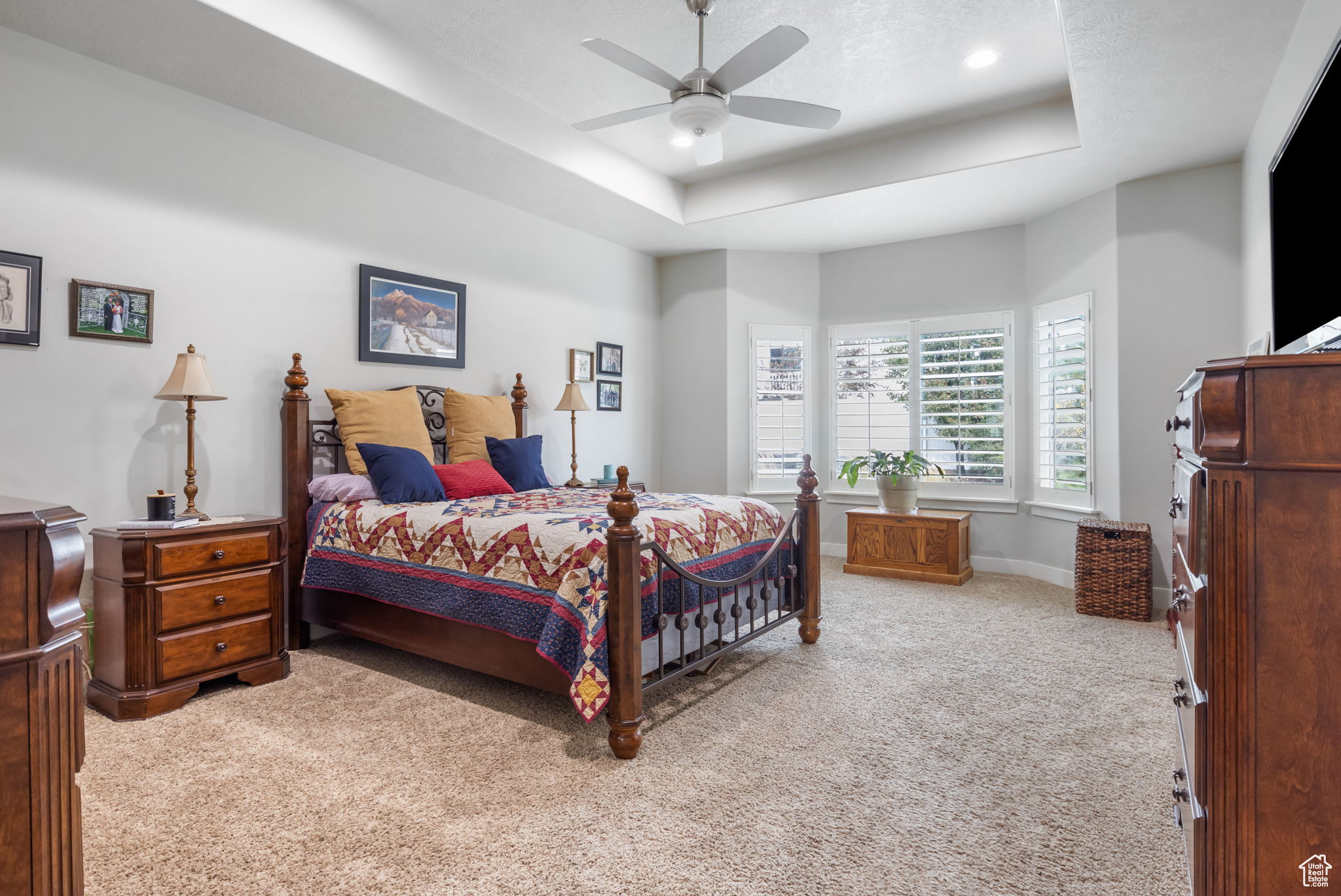 Bedroom featuring a raised ceiling, ceiling fan, and carpet floors