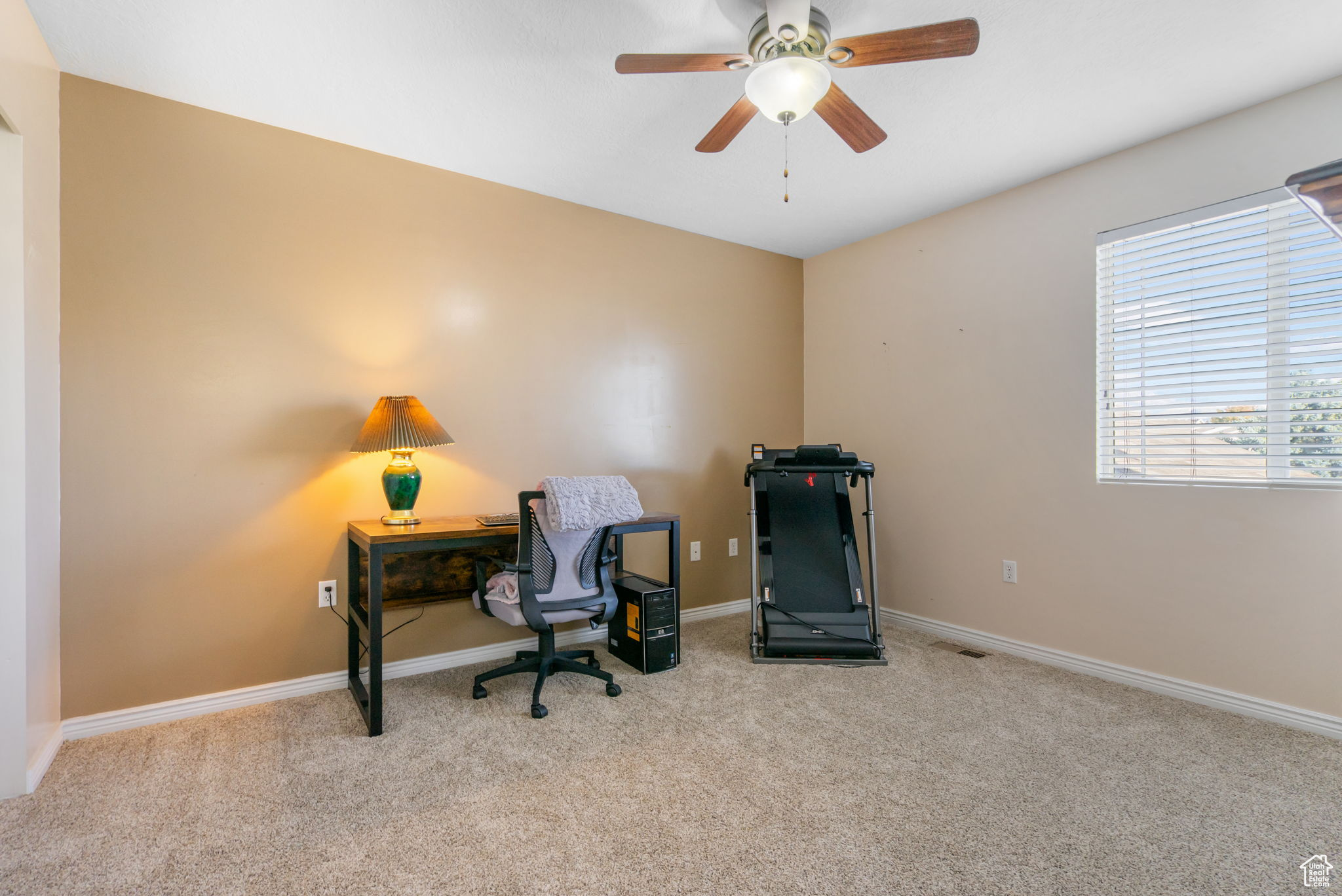 Carpeted office space featuring ceiling fan