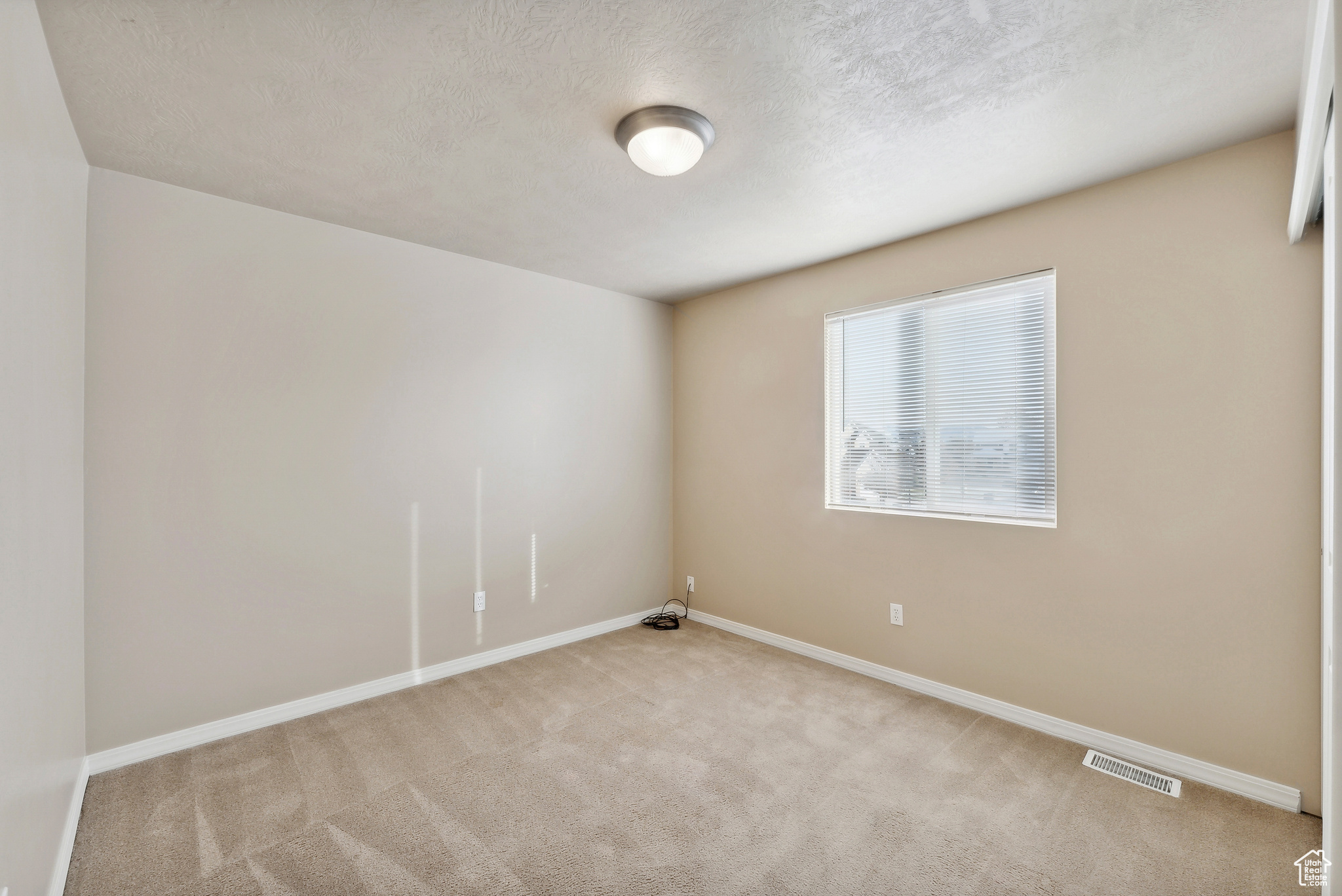 Spare room with light colored carpet and a textured ceiling