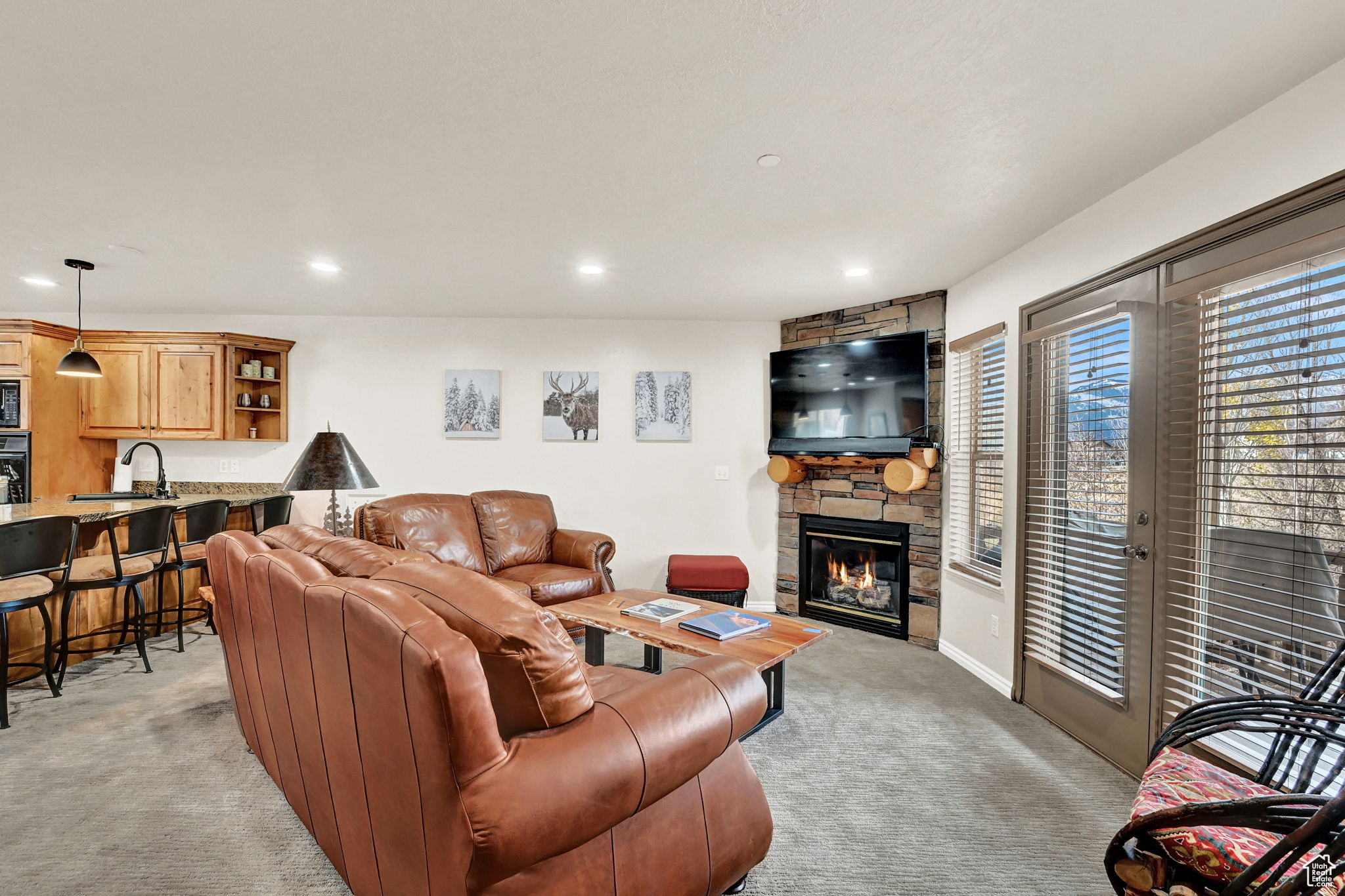 Carpeted living room with a fireplace and sink