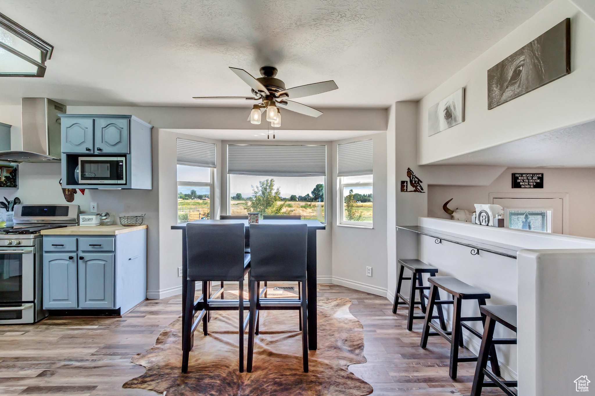 Kitchen with a healthy amount of sunlight, light wood-type flooring, blue cabinets, and appliances with stainless steel finishes