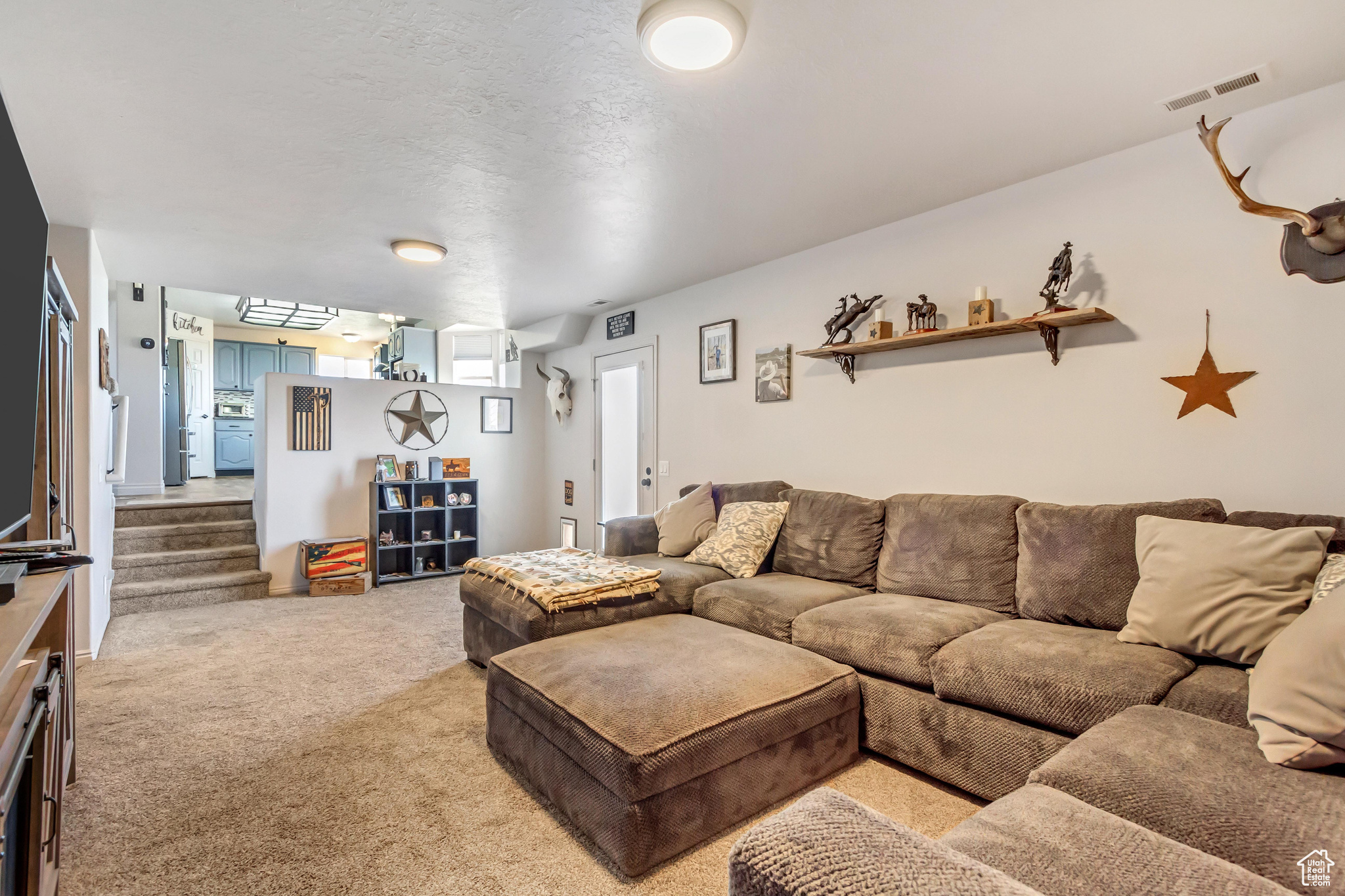 Carpeted living room with a textured ceiling