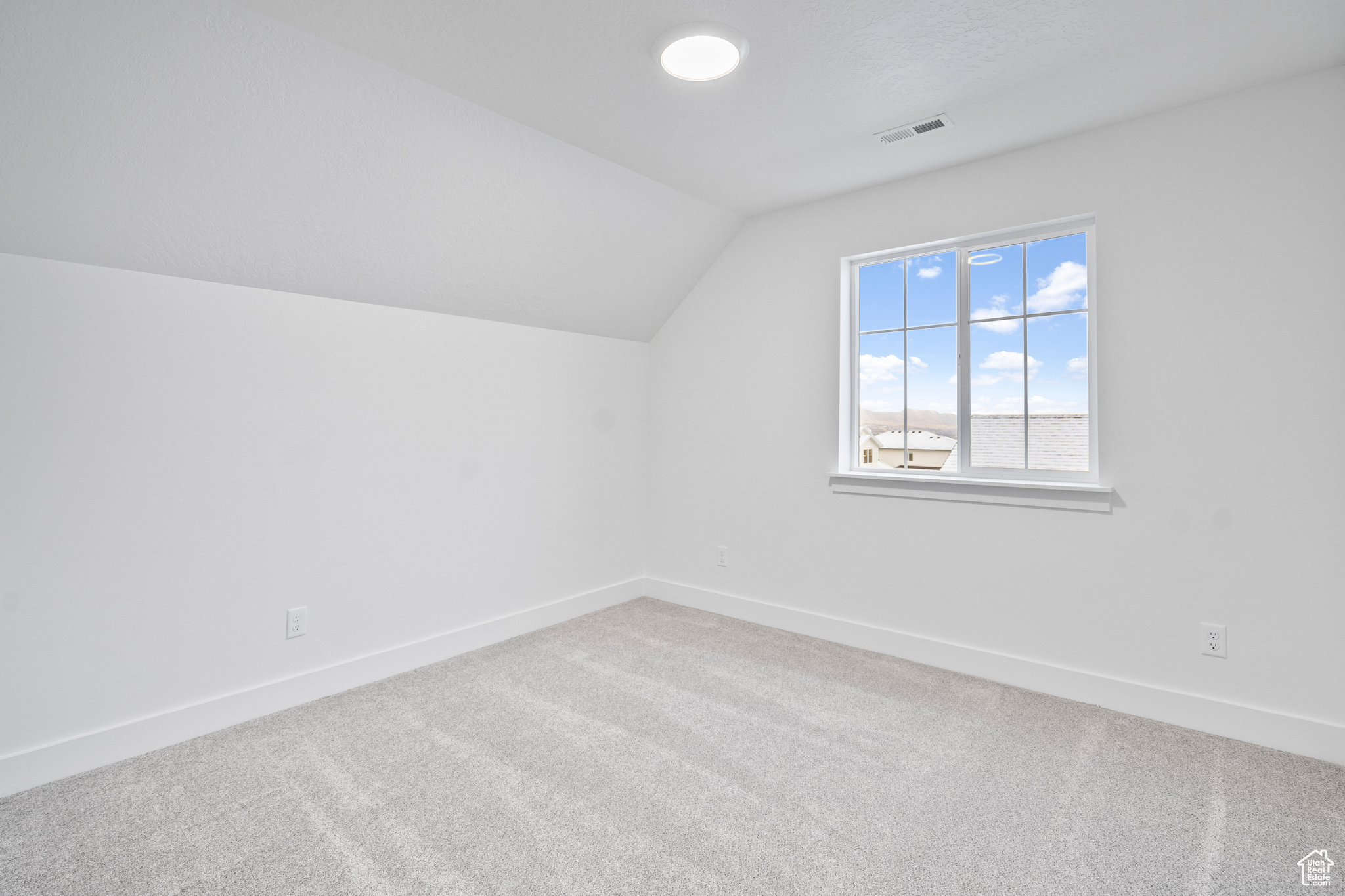 Additional living space featuring lofted ceiling and carpet floors