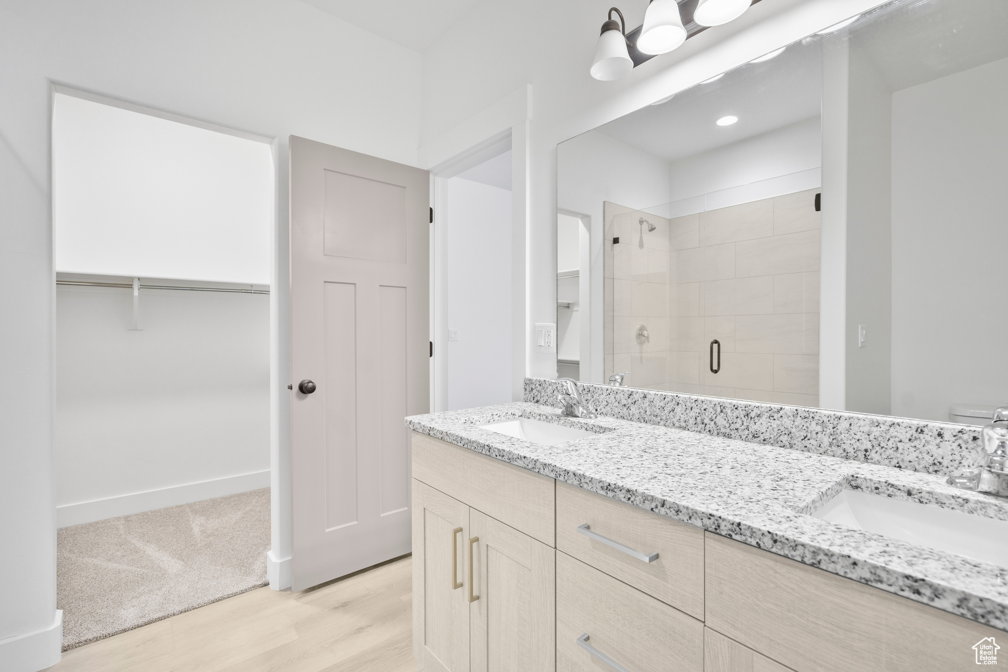 Bathroom featuring vanity, hardwood / wood-style flooring, and walk in shower