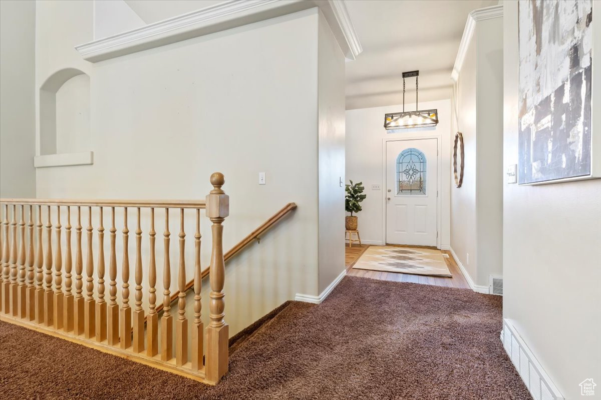 Carpeted foyer entrance featuring ornamental molding