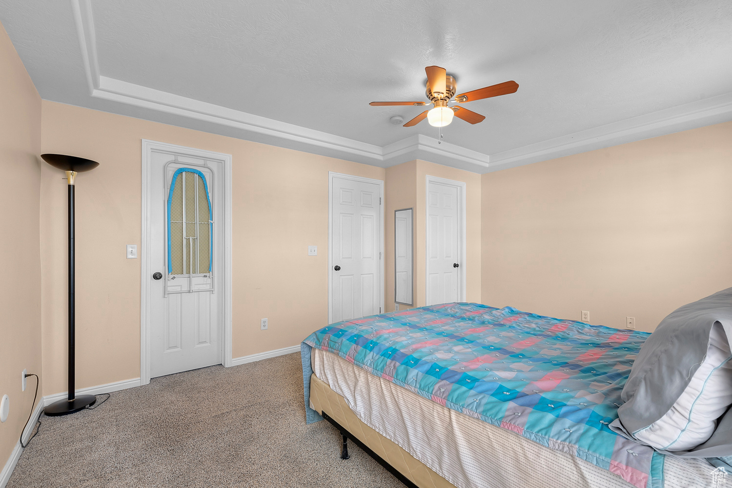 Carpeted bedroom with a tray ceiling and ceiling fan