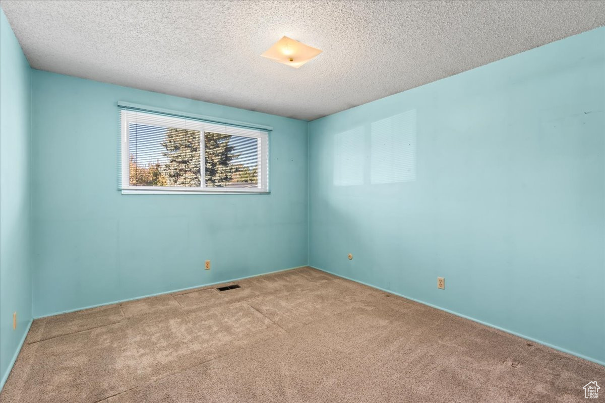 Empty room with light colored carpet and a textured ceiling