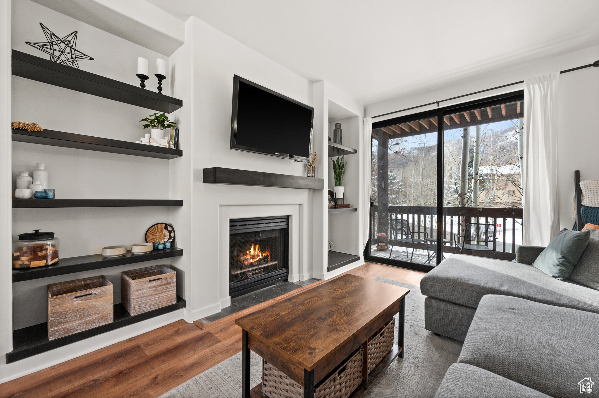 Living room featuring built in shelves and wood-type flooring