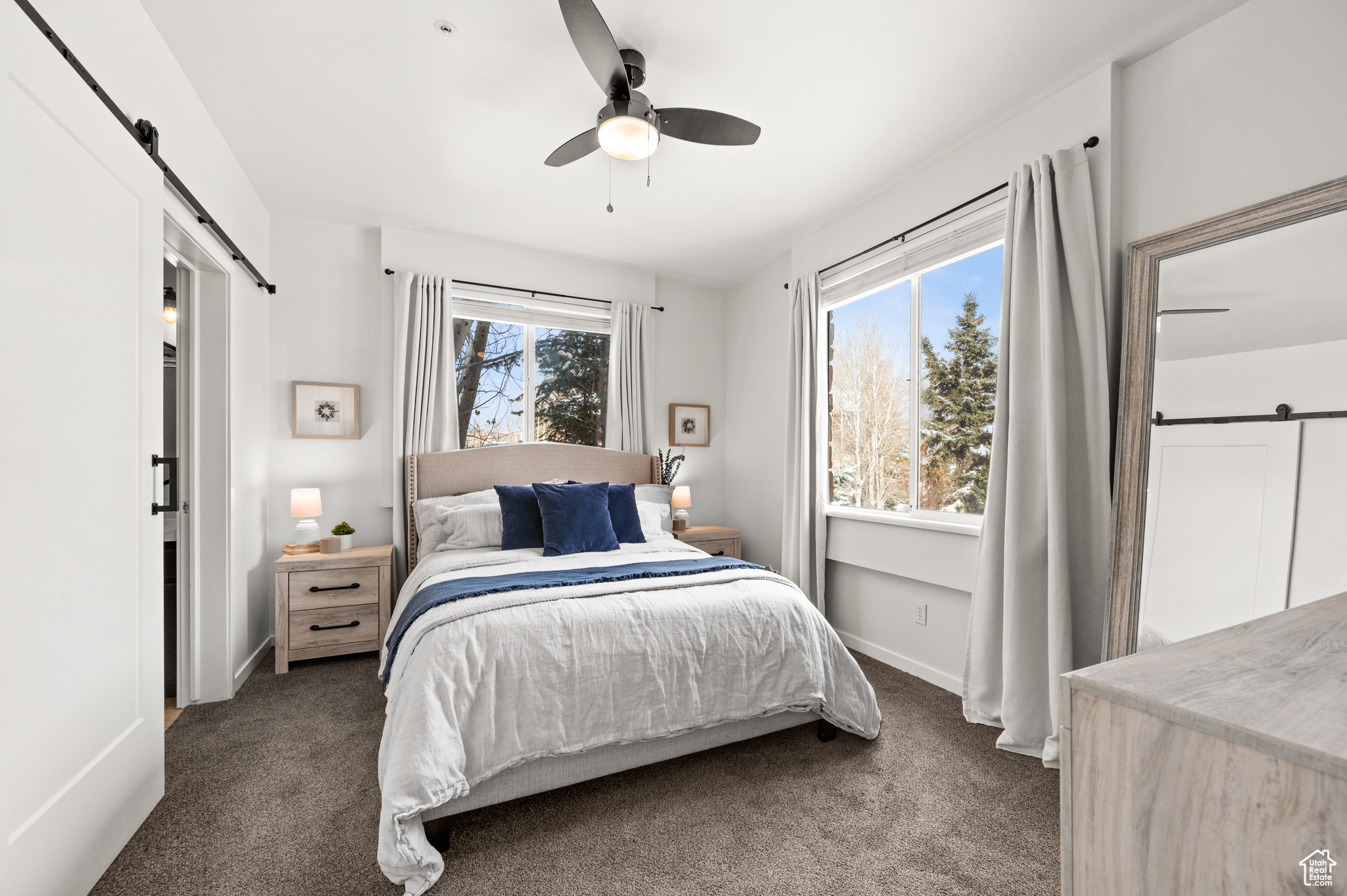 Carpeted bedroom featuring ceiling fan and a barn door