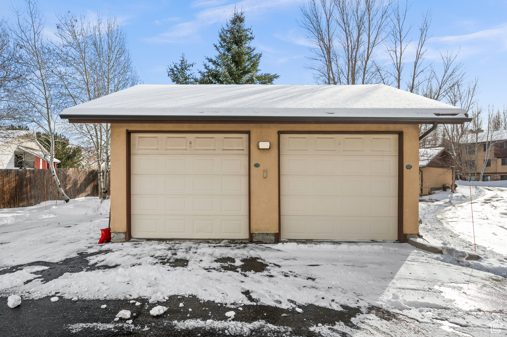 View of snow covered garage