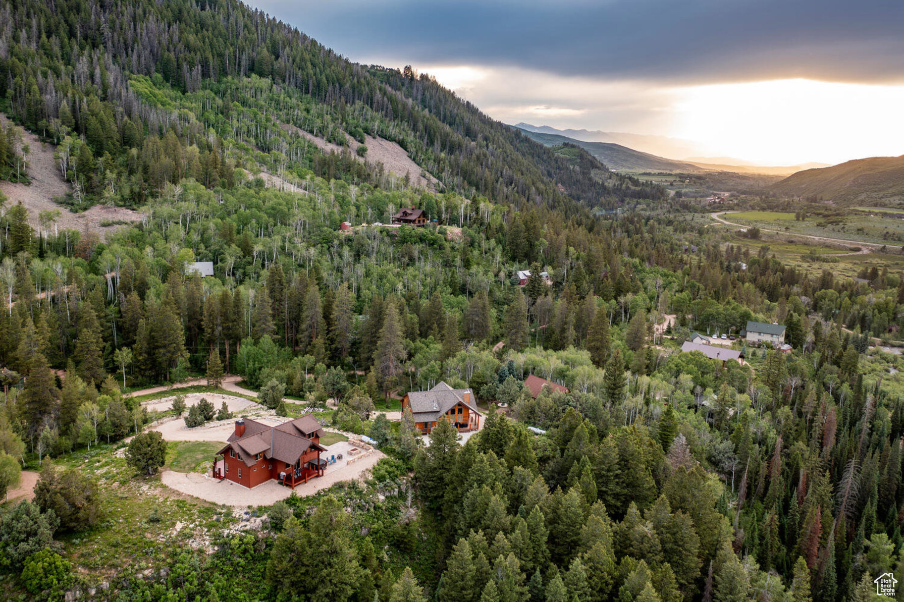 Aerial view at dusk with a mountain view