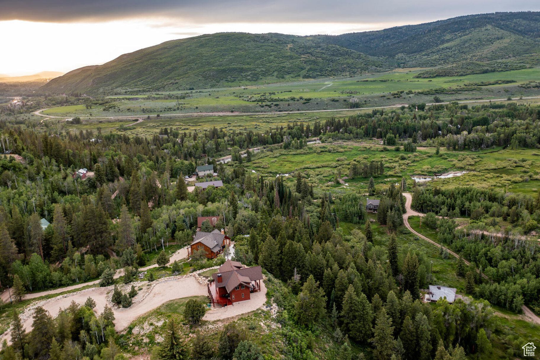 Aerial view at dusk with a mountain view