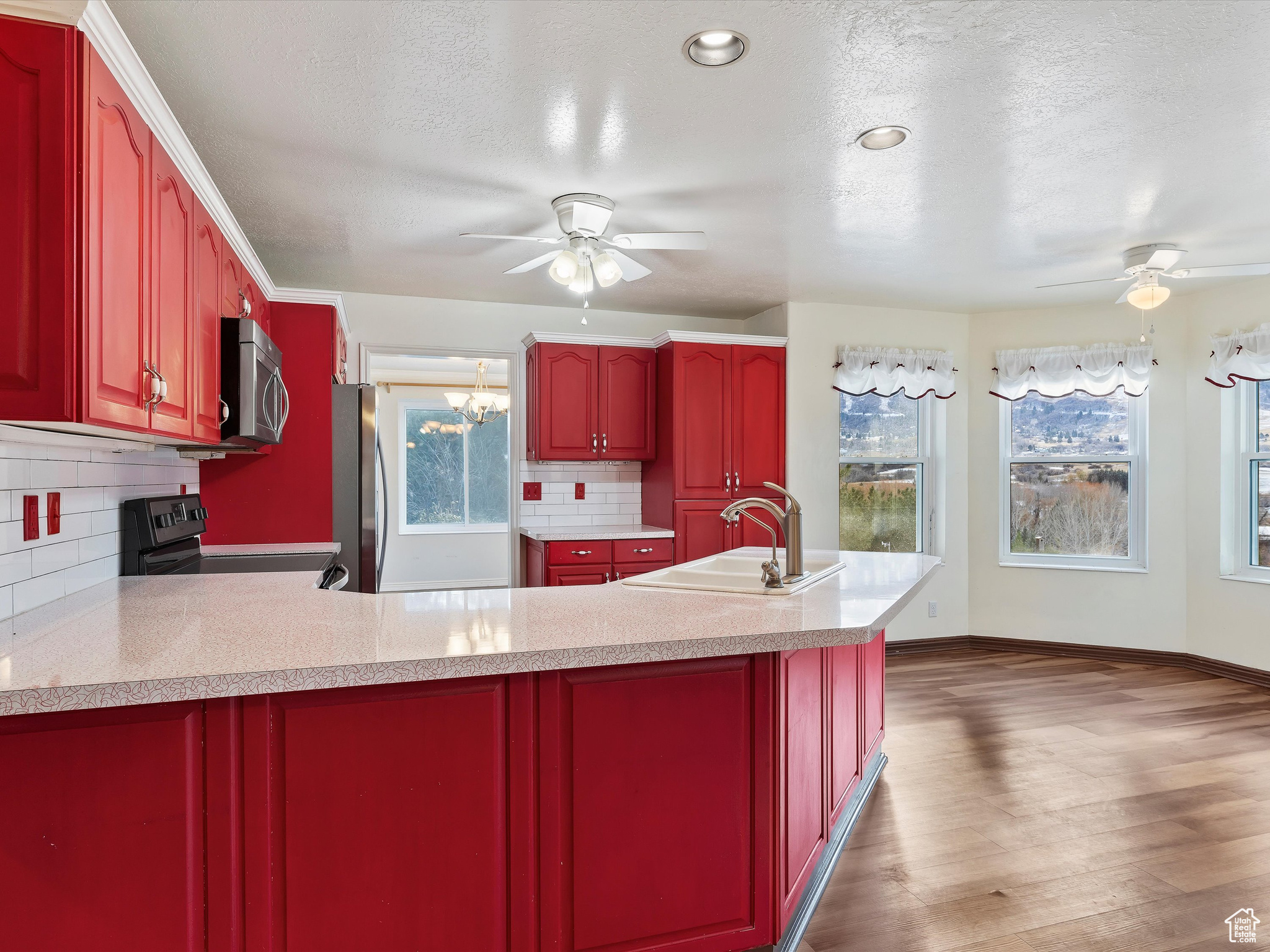 Kitchen featuring sink, tasteful backsplash, dark hardwood / wood-style flooring, a textured ceiling, and appliances with stainless steel finishes