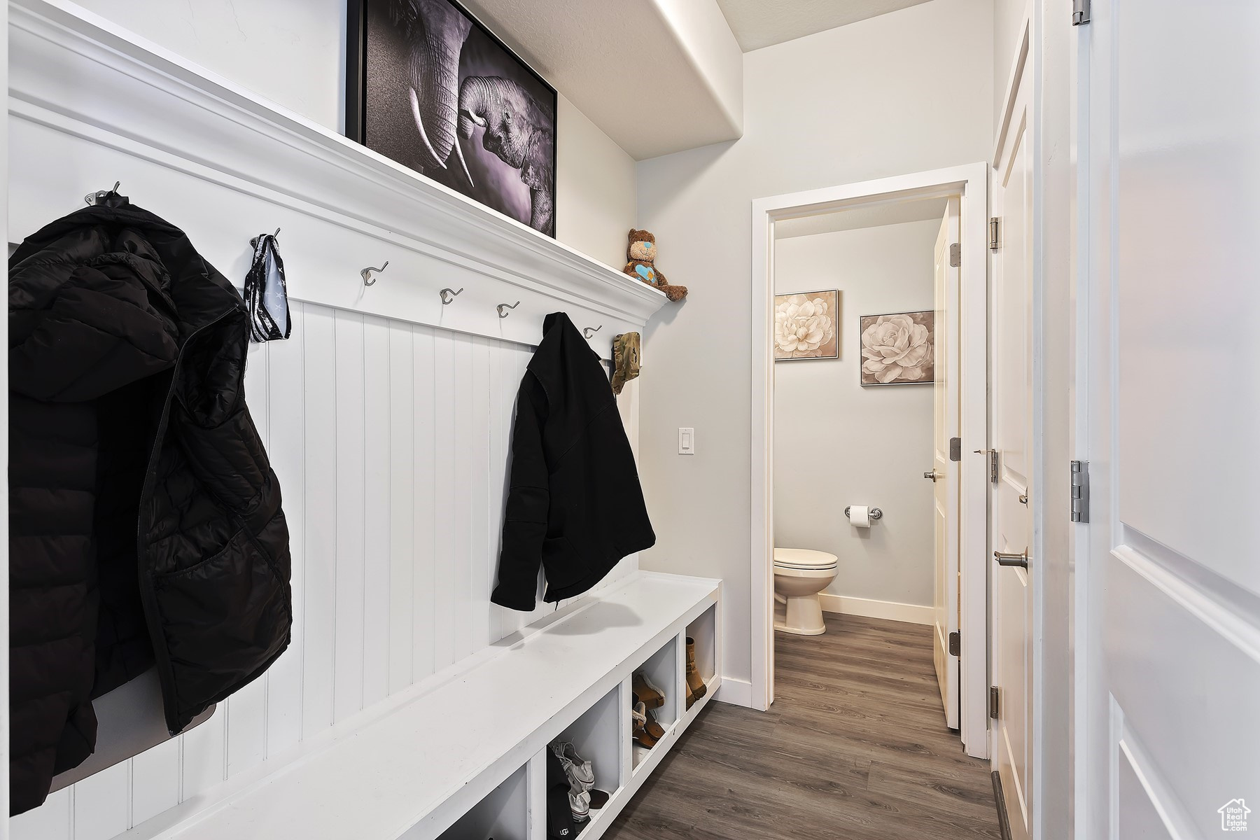 Mudroom featuring dark wood-type flooring