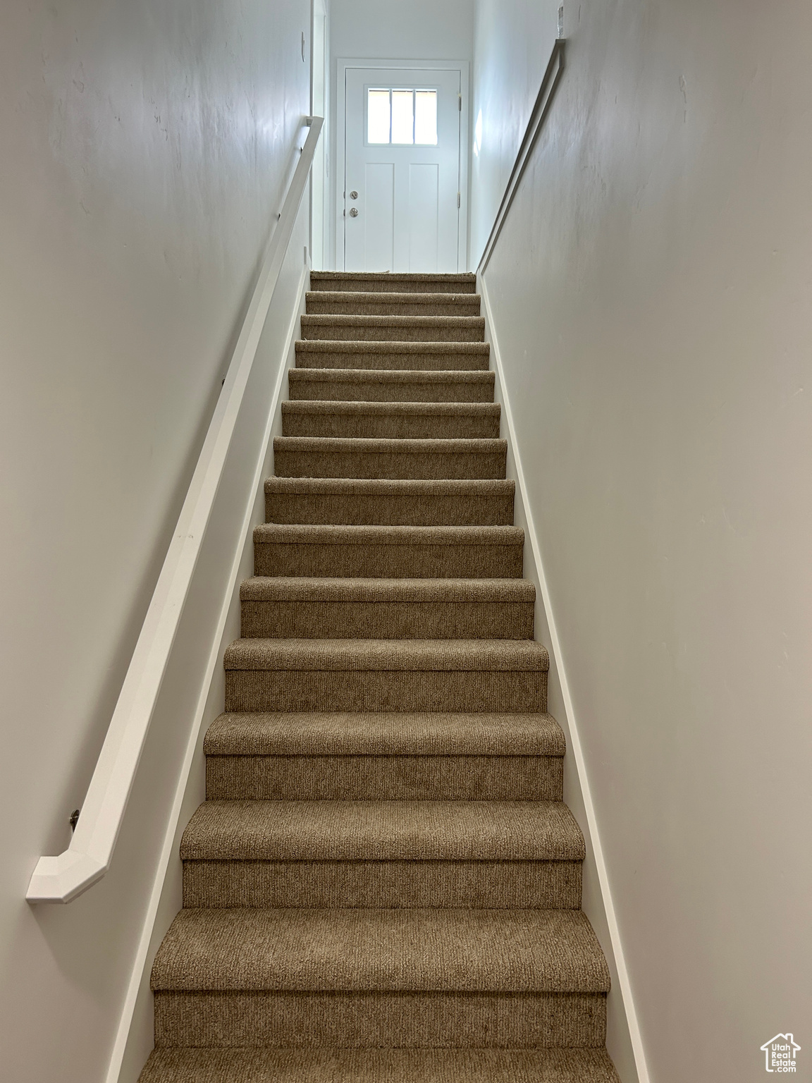 Stairs featuring carpet flooring