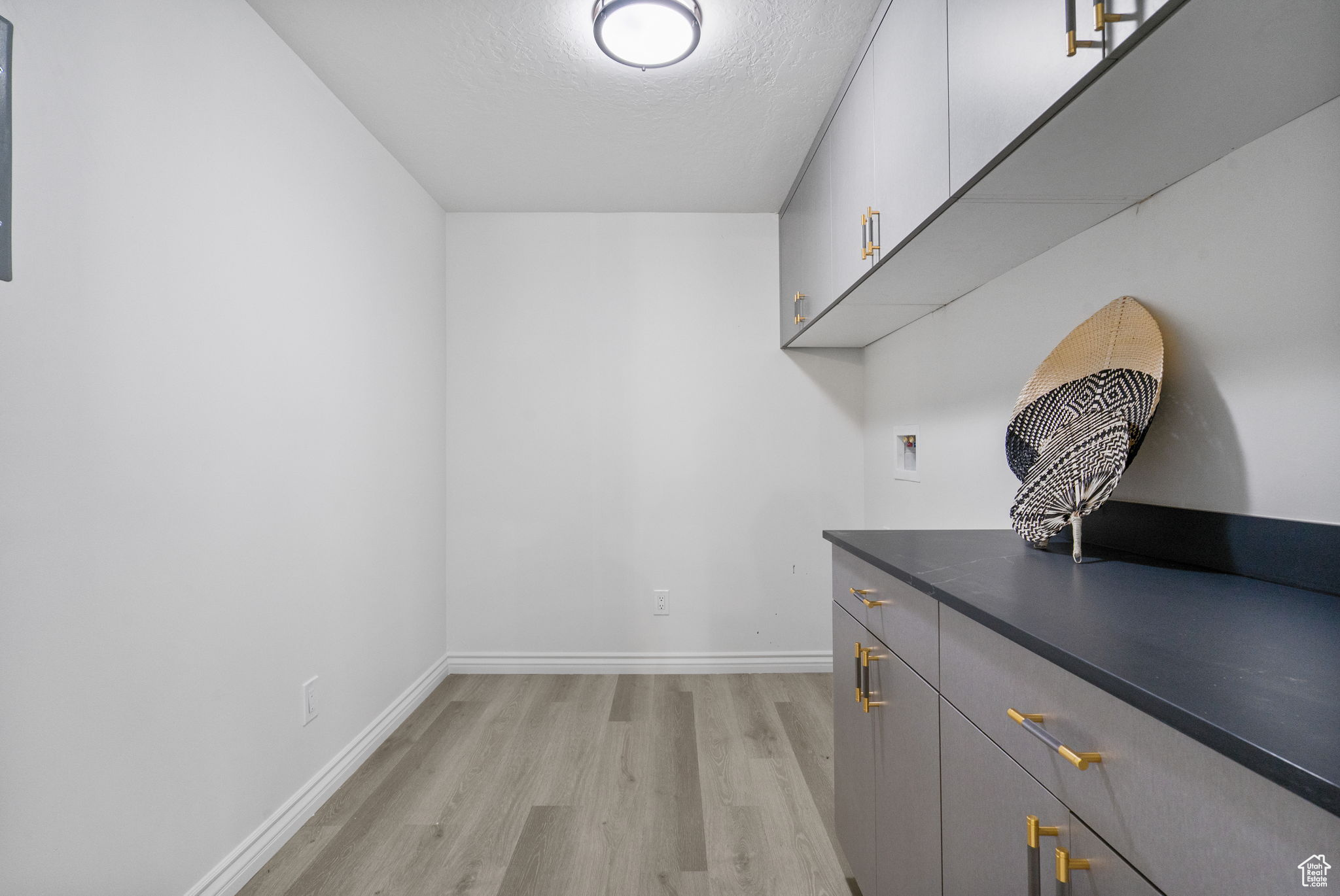 Basement  apartment laundry room with LVP flooring and quartz countertop