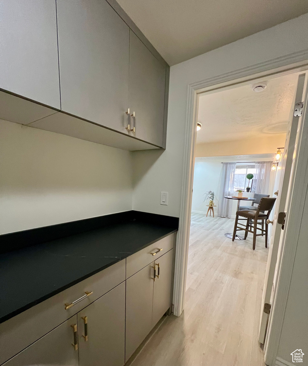 Interior space featuring gray cabinets and light hardwood / wood-style flooring