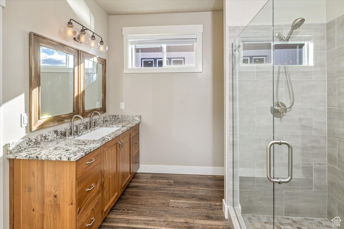 Bathroom with vanity, hardwood / wood-style flooring, and walk in shower