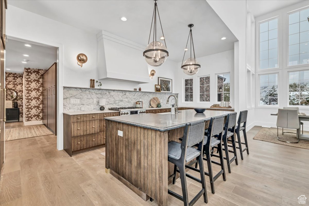 Kitchen with decorative light fixtures, plenty of natural light, and light hardwood / wood-style flooring