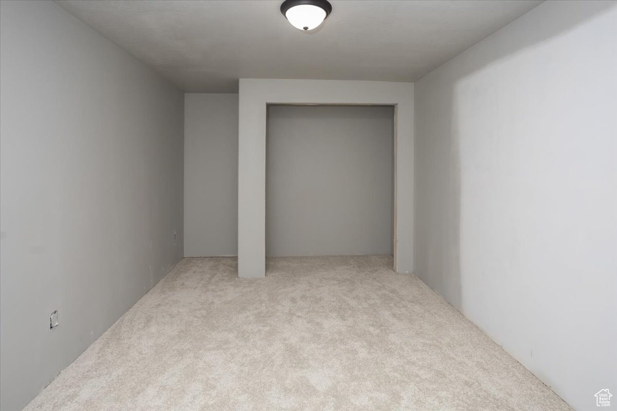 Basement featuring light colored carpet