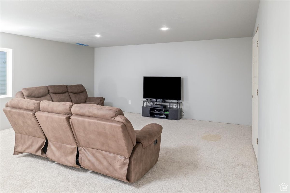 Living room featuring light colored carpet