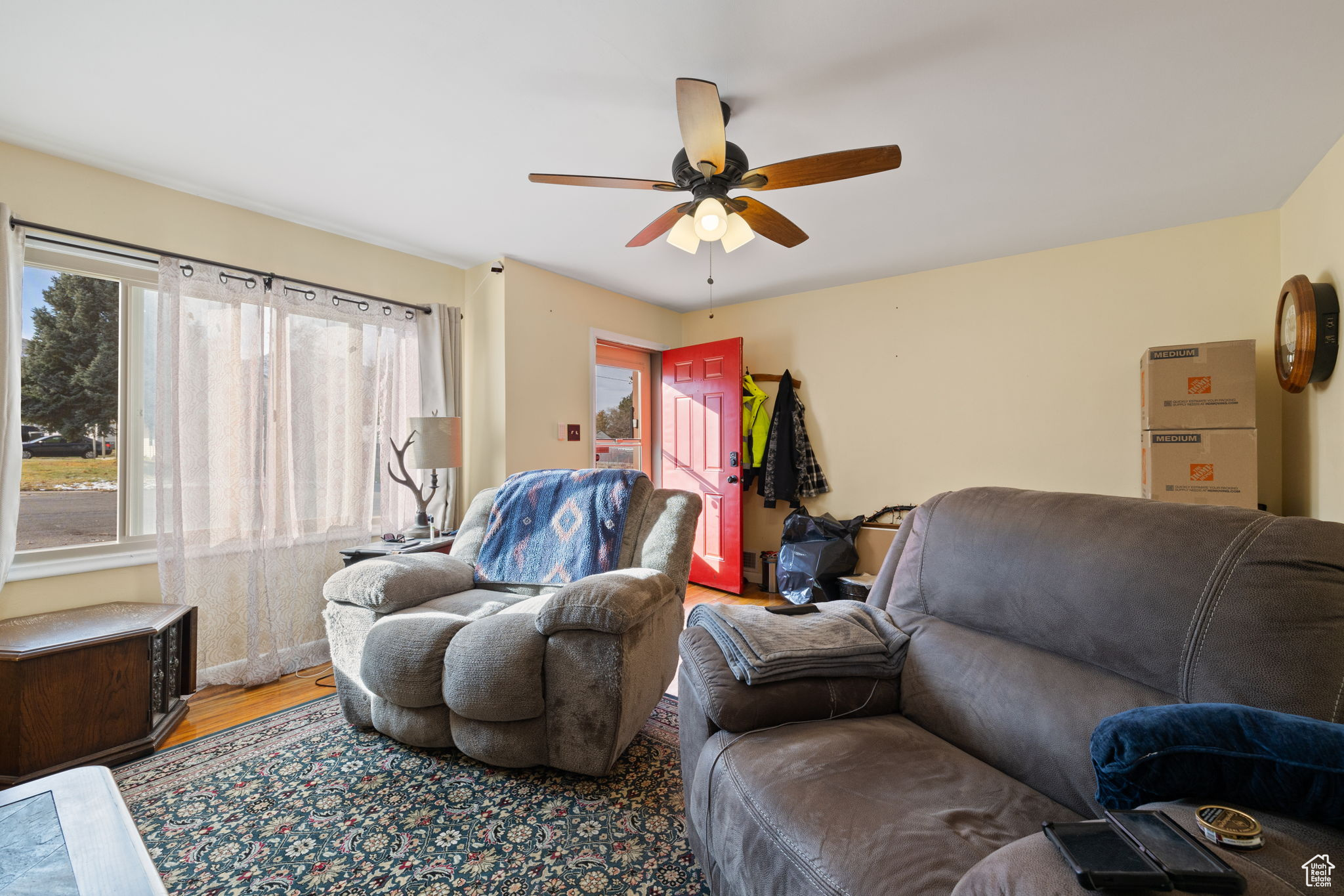Living room featuring wood-type flooring and ceiling fan