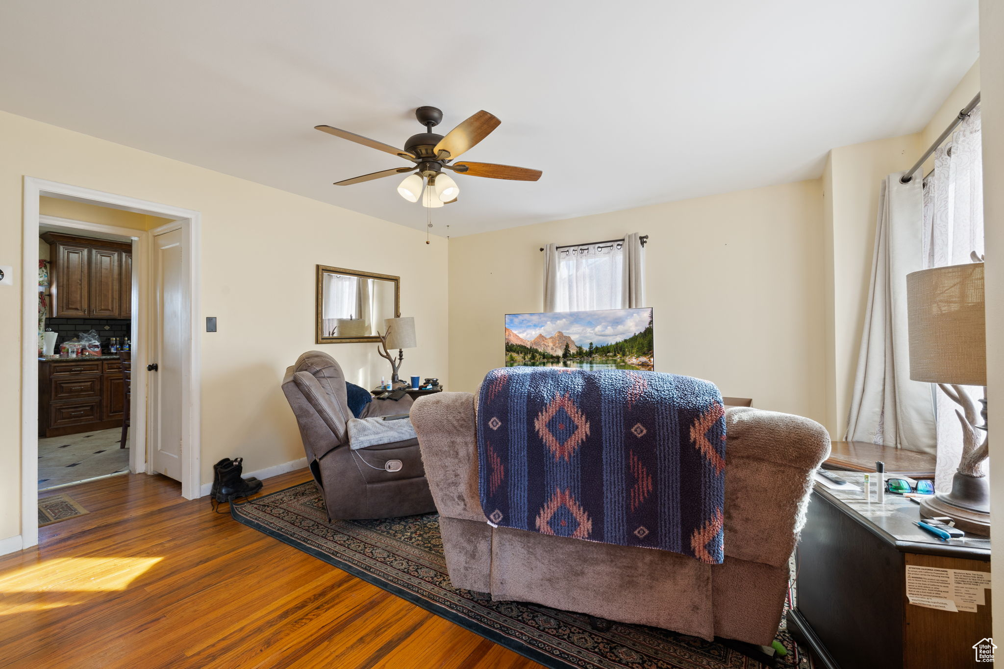 Living room with wood-type flooring and ceiling fan