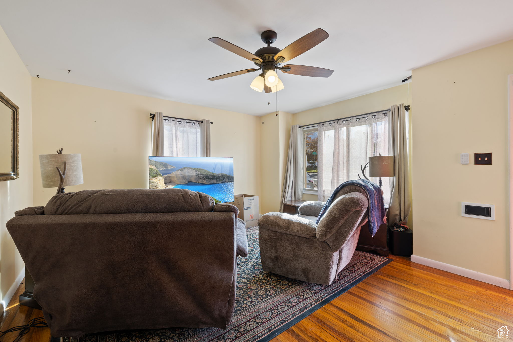 Living room featuring light hardwood / wood-style flooring, plenty of natural light, and ceiling fan
