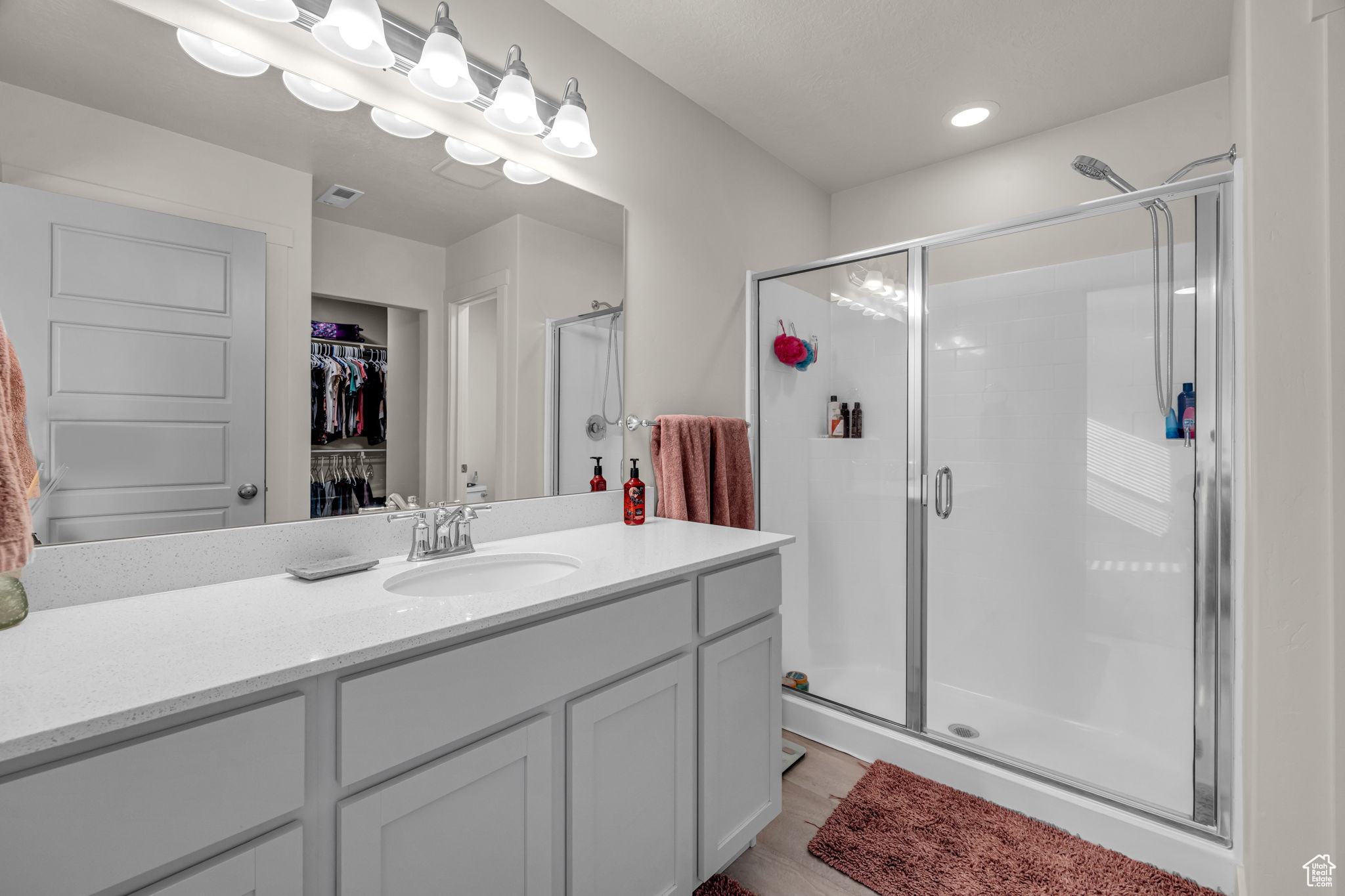 Bathroom with vanity, wood-type flooring, and walk in shower