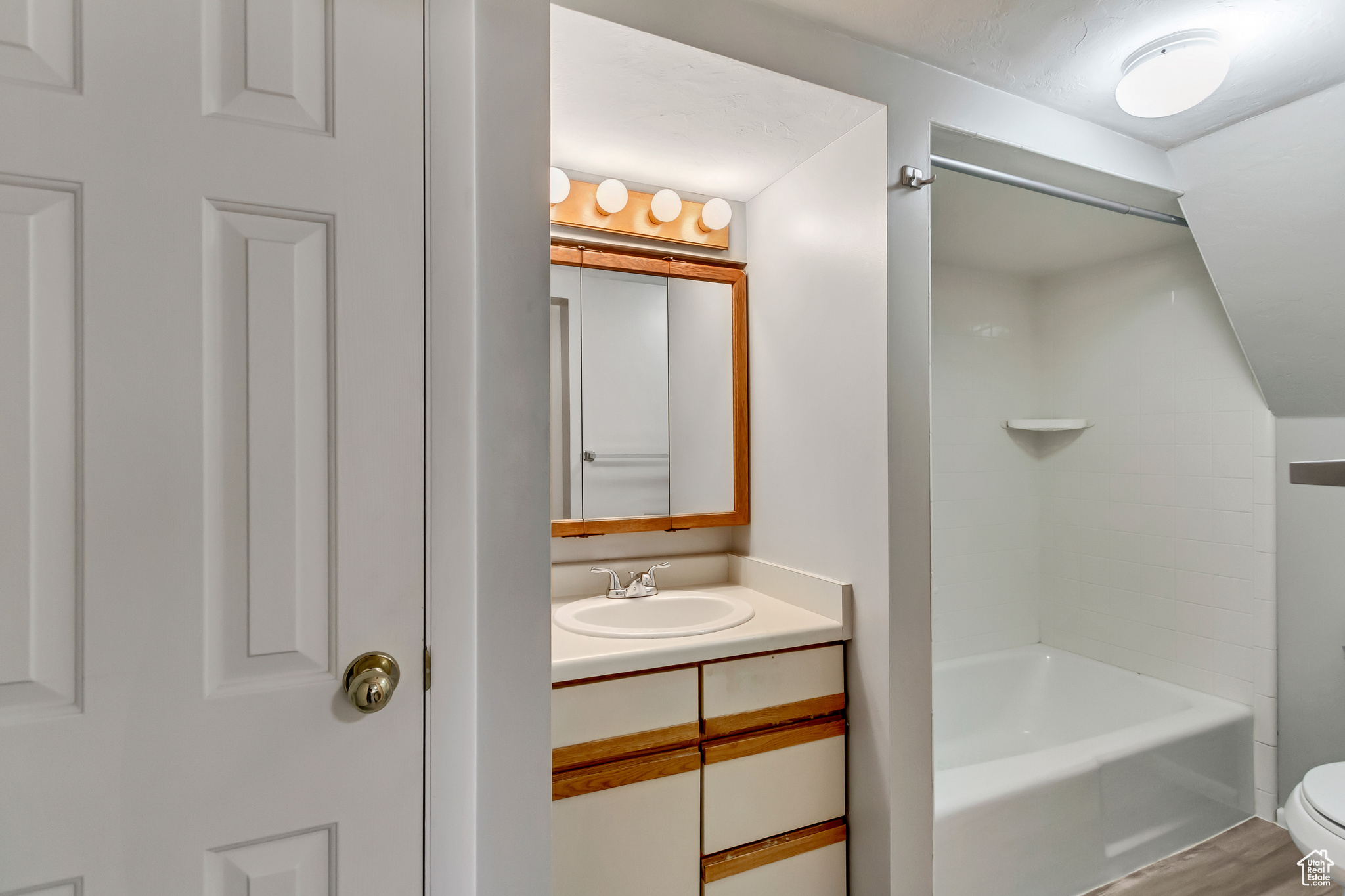 Full bathroom with wood-type flooring, vanity, toilet, and independent shower and bath