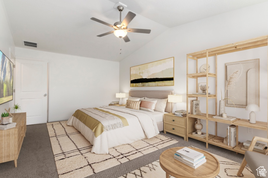 Bedroom featuring carpet flooring, ceiling fan, and lofted ceiling