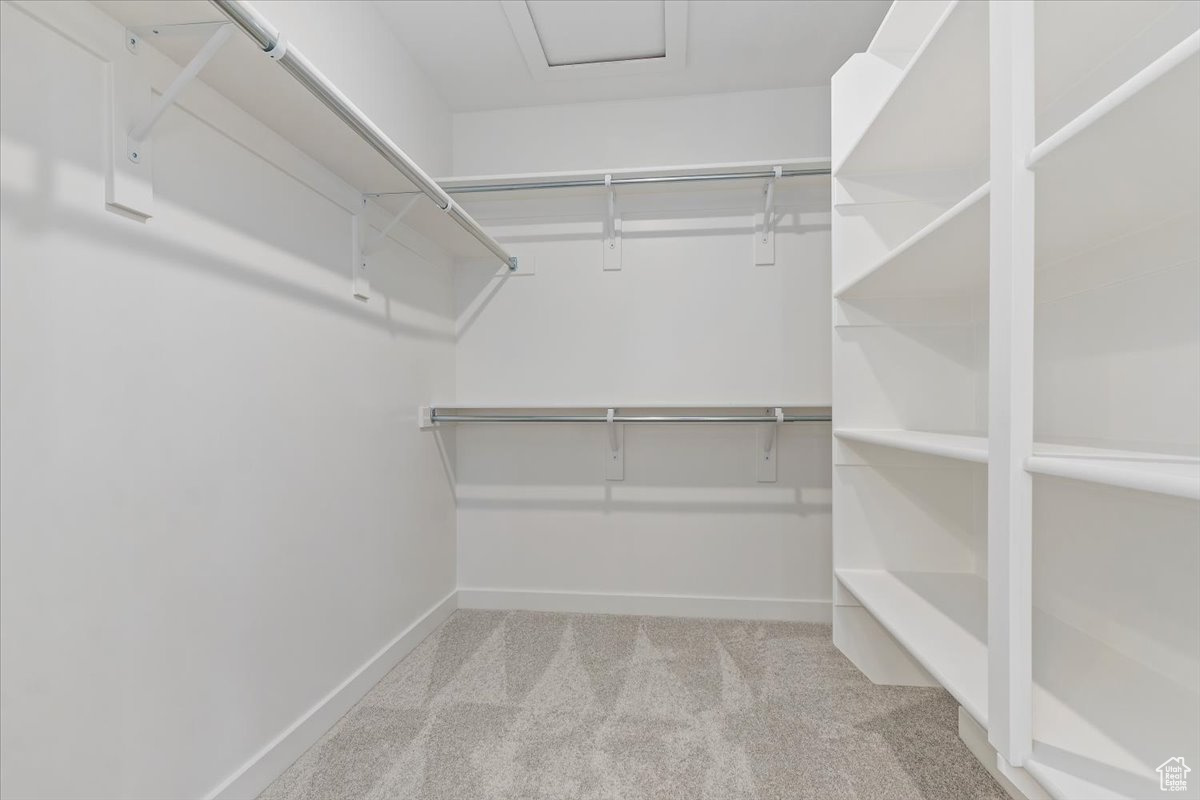 Spacious closet featuring light colored carpet