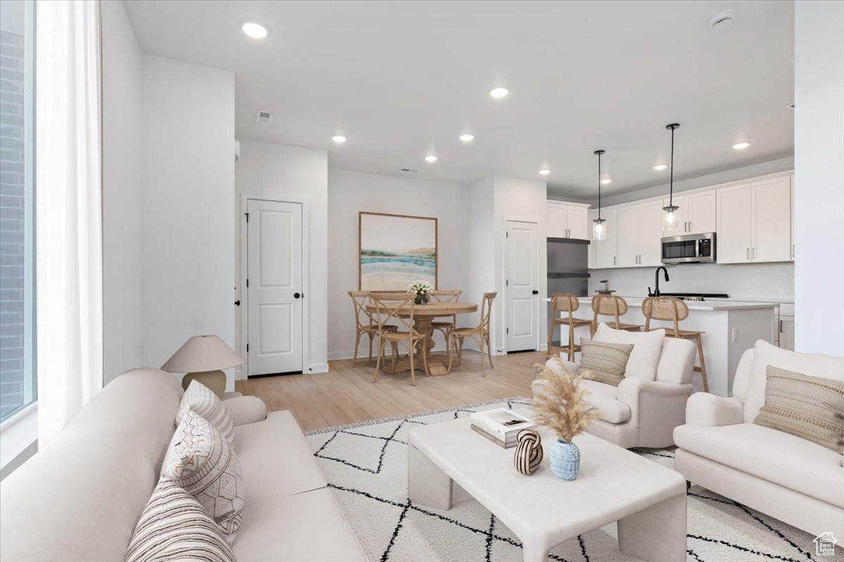 Living room with light hardwood / wood-style flooring and sink