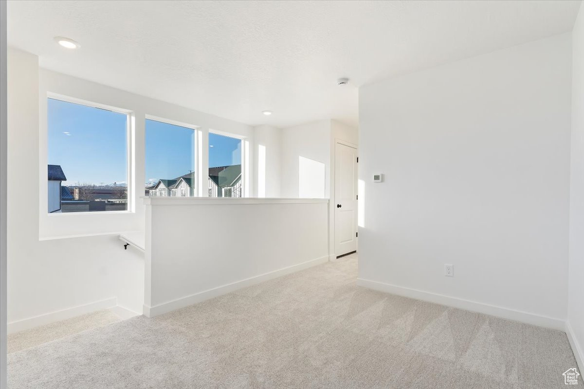 Unfurnished room featuring light colored carpet