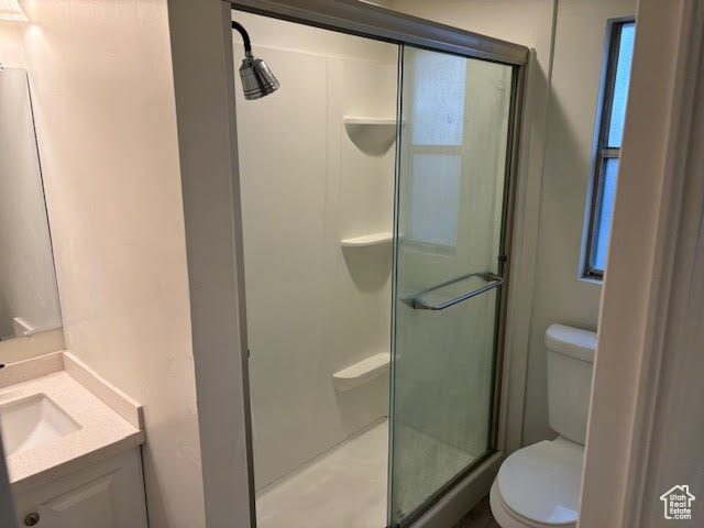 Bathroom with vanity, toilet, and an enclosed shower