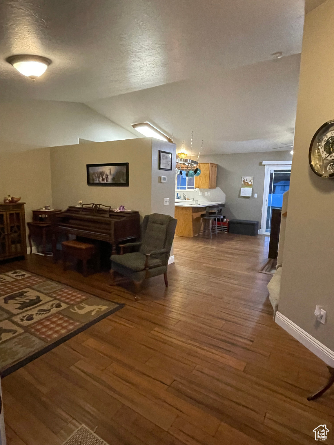 Living room featuring hardwood / wood-style floors, a textured ceiling, and lofted ceiling