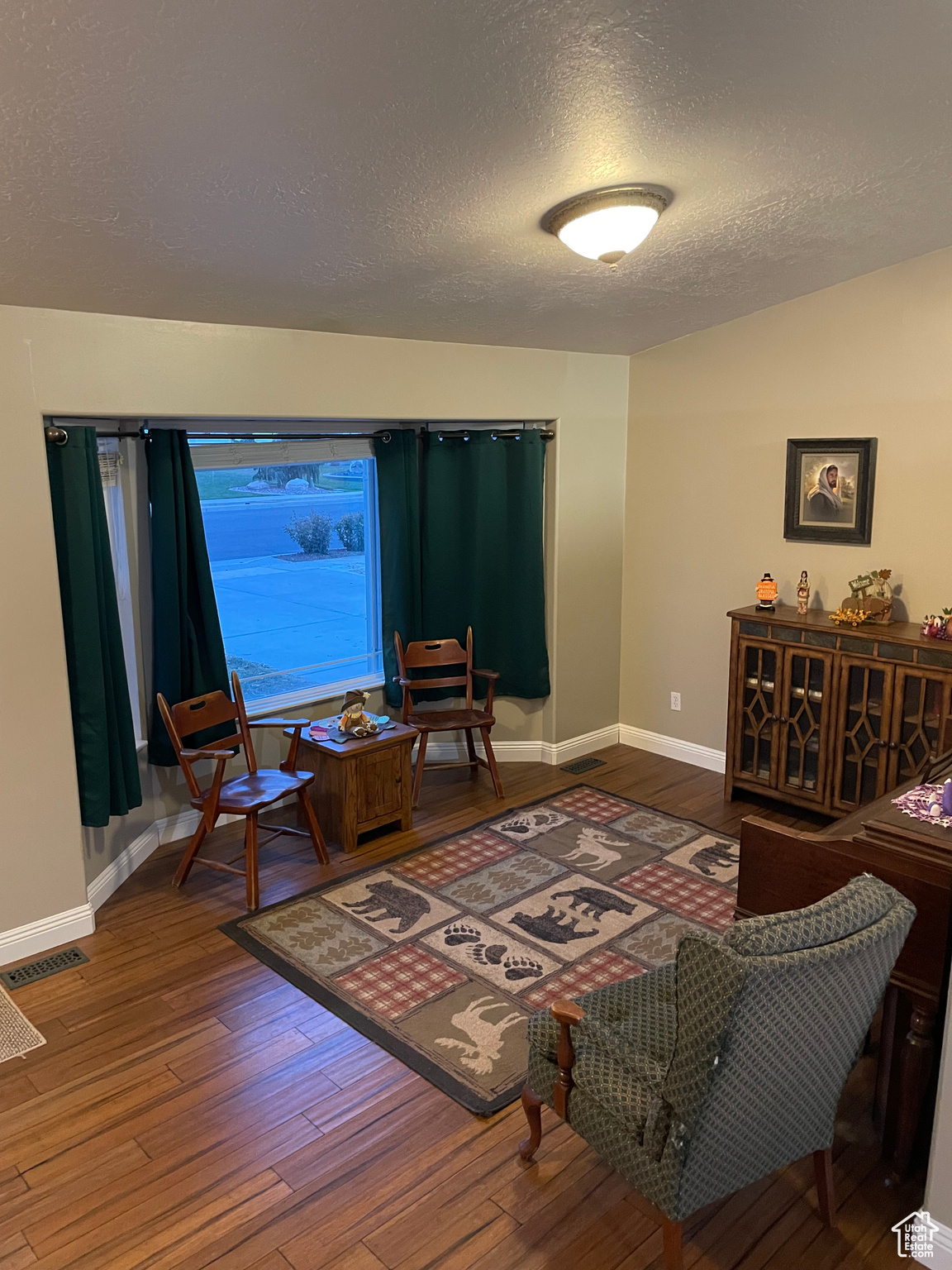 Living room with a textured ceiling and hardwood / wood-style flooring