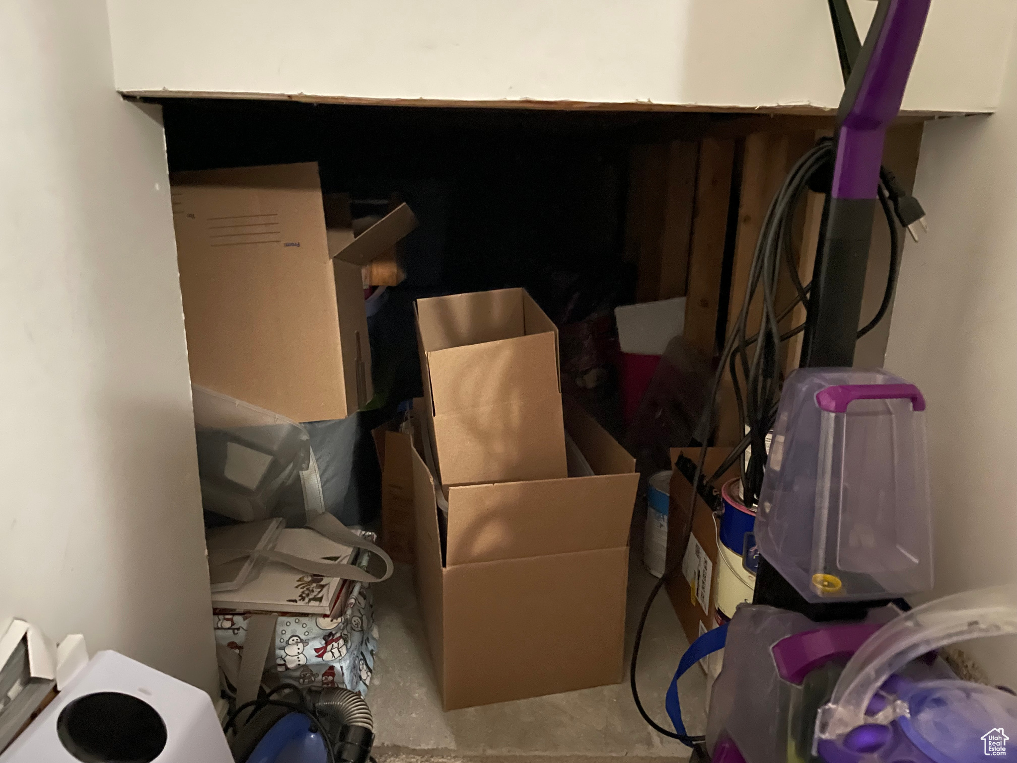 View of storage area underneath kitchen and Family room